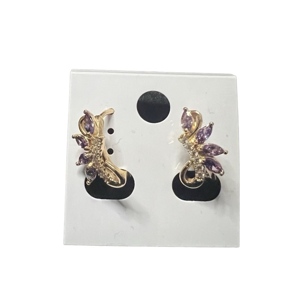 14K Gold Plated Purple Rhinestone Decor Hoop Earrings